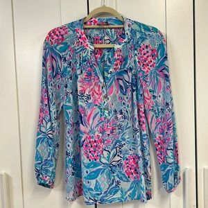 Lilly Pulitzer XS Elsa Silk Top in Zanzibar Blue Party Princess